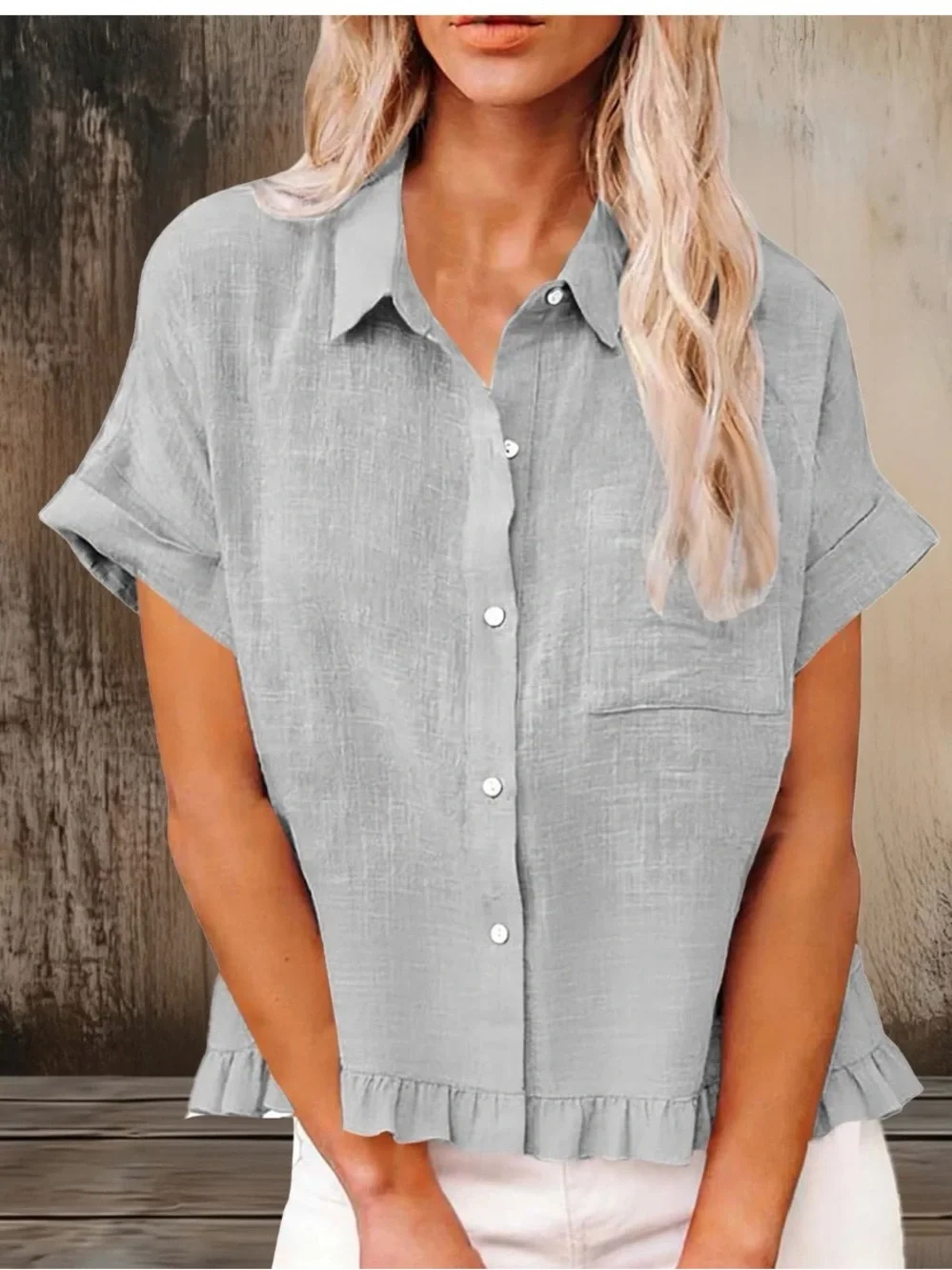 Light Gray Ruffle-Hem Button Front Top - Picture 2 of 2